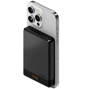 Smartphone with a black power bank attached on a light gray background