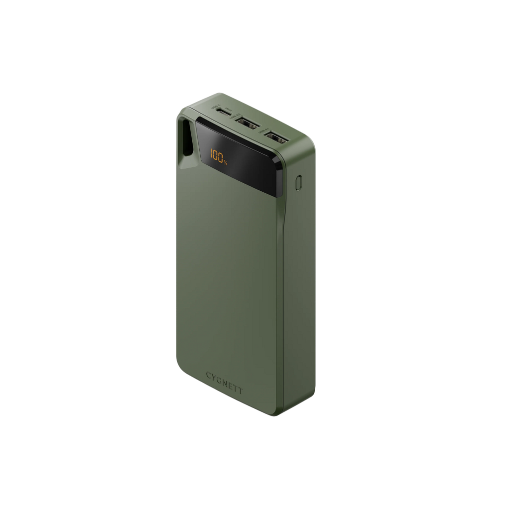 Green power bank with digital display on a white background