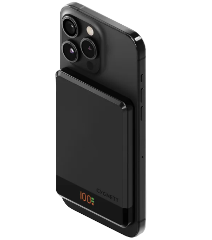 Black phone wireless charger on a gray background
