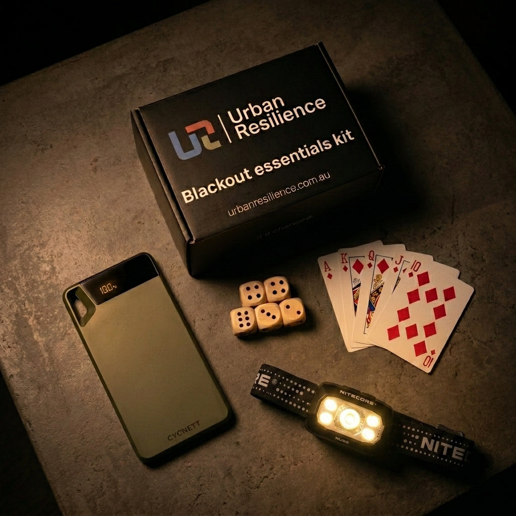 Blackout essentials kit with phone, flashlight, dice, and cards on a dark surface