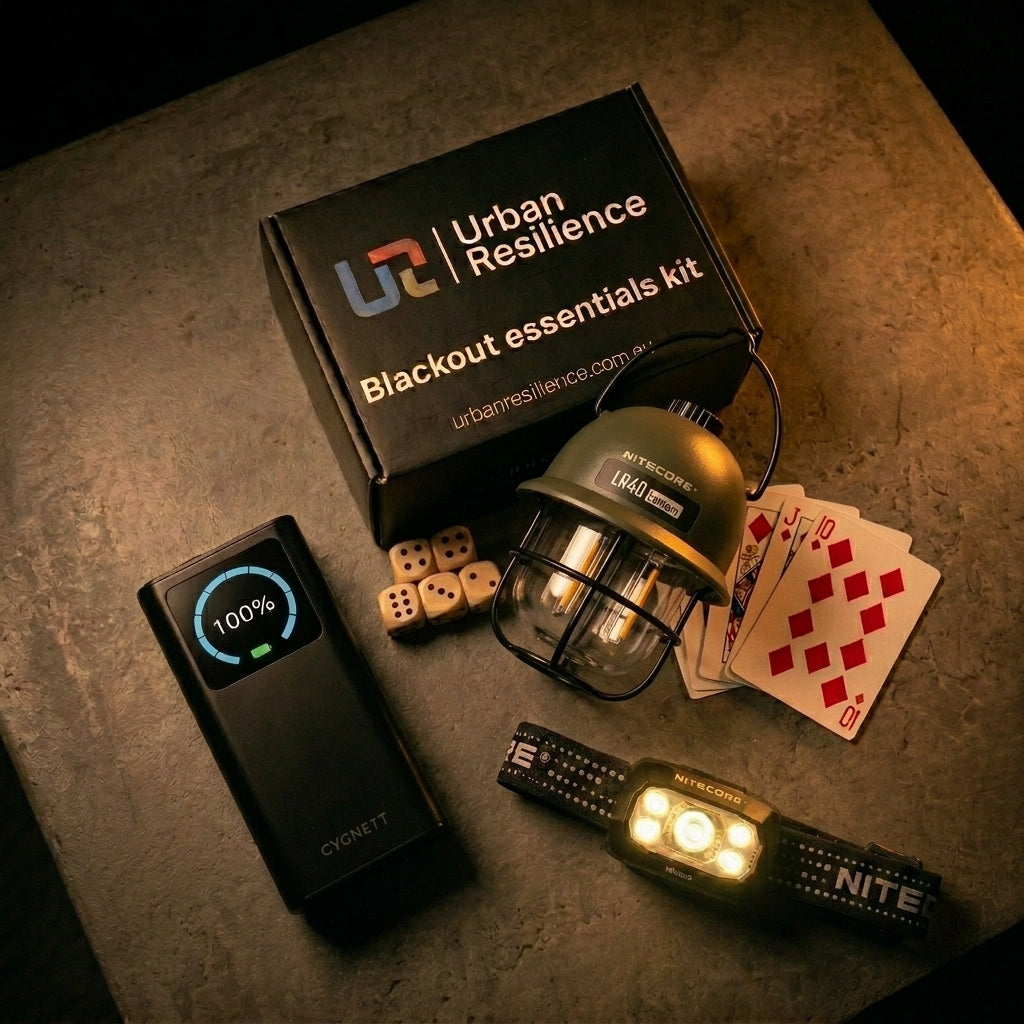 Blackout essentials kit with lantern, power bank, and cards on a textured surface
