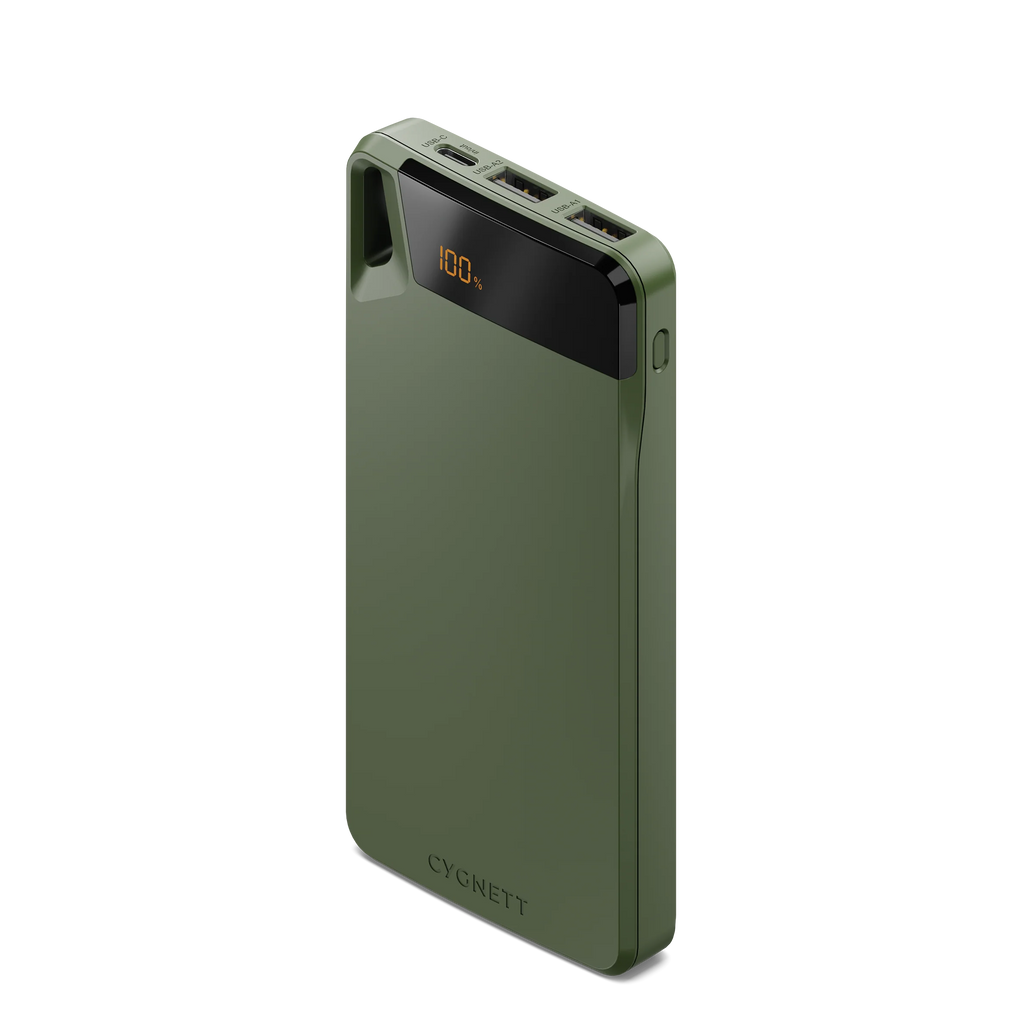Green power bank with digital display on a white background