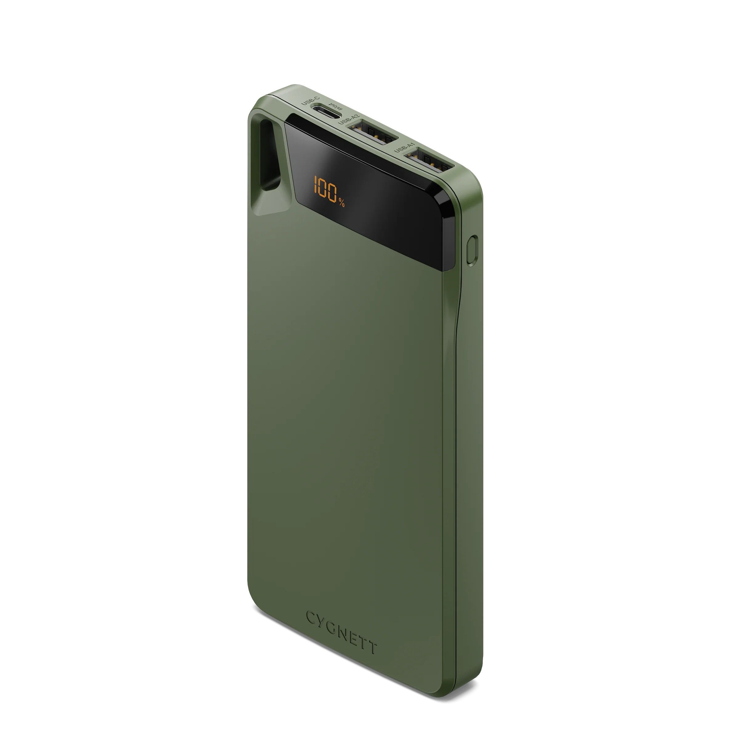 Green power bank with digital display on a white background