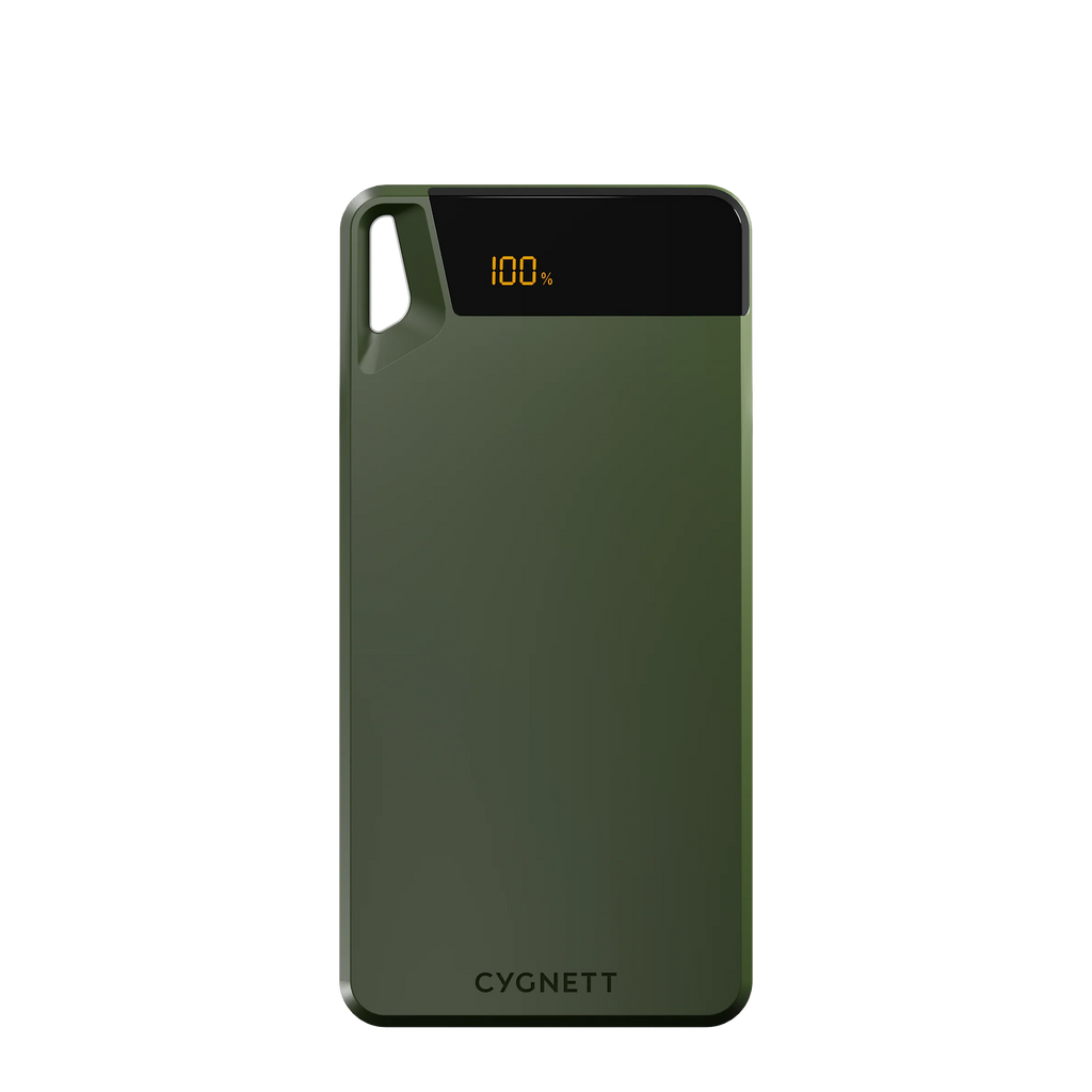 Green power bank with digital display on a white background