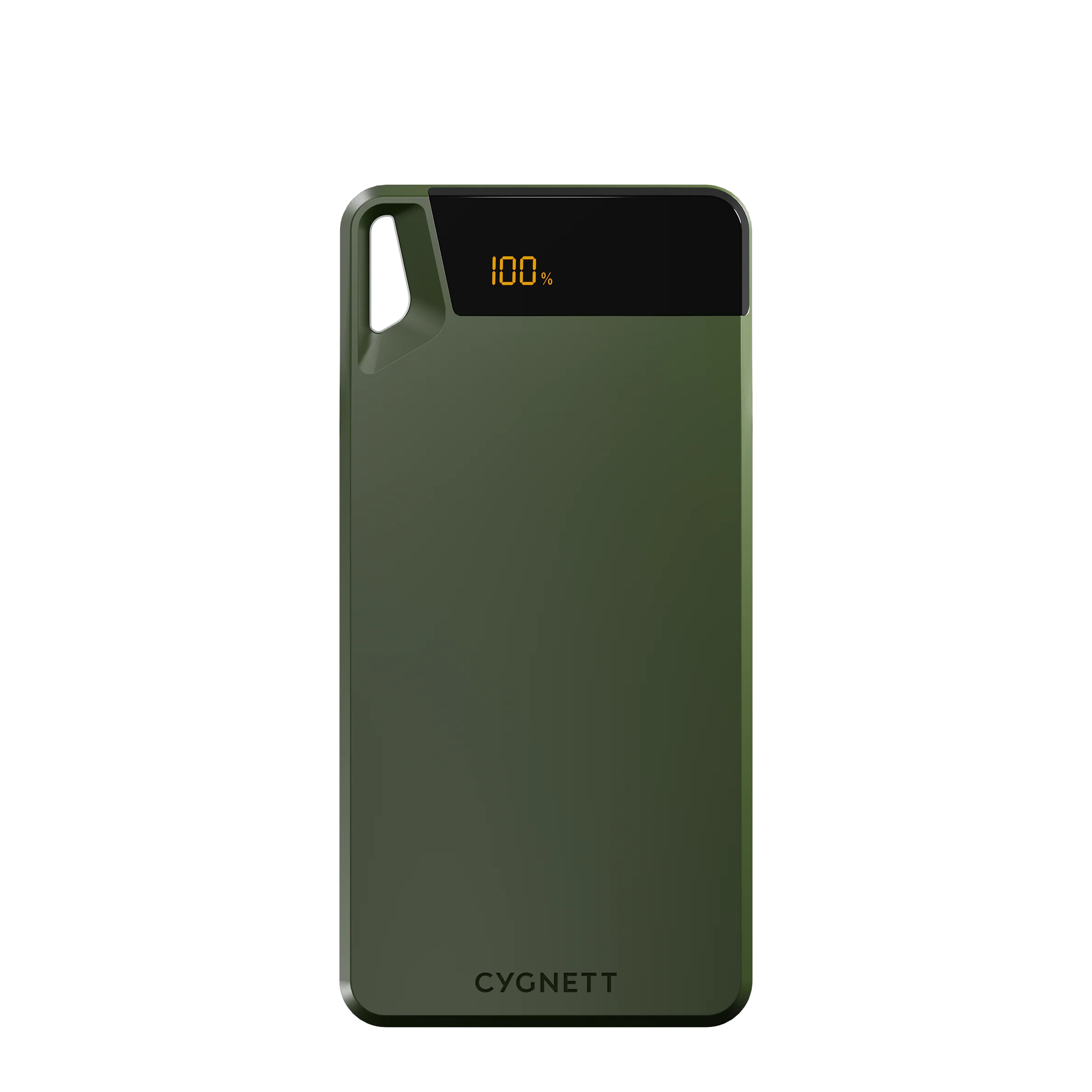 Green power bank with digital display on a white background