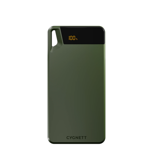 Green power bank with digital display on a white background