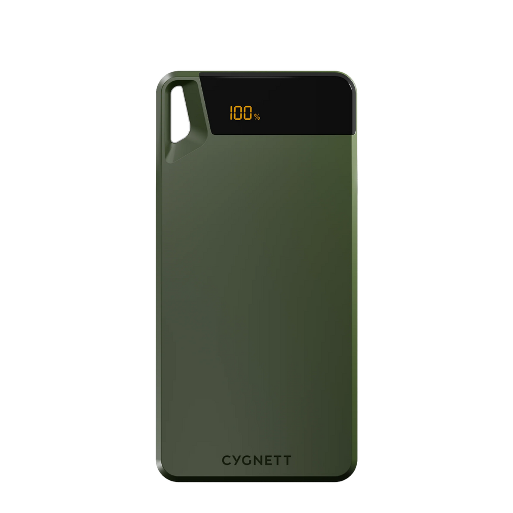 Green power bank with digital display on a white background
