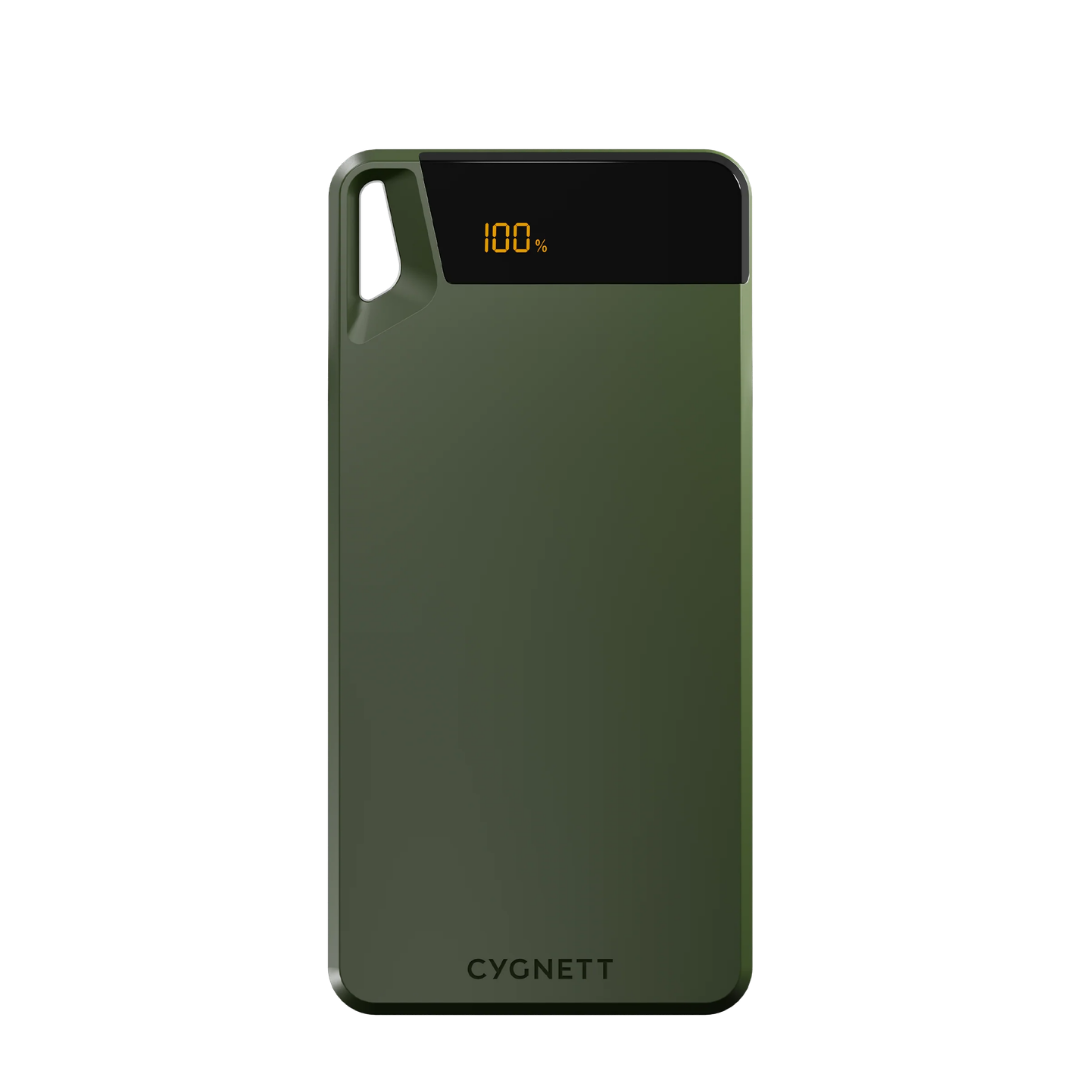Green power bank with digital display on a white background