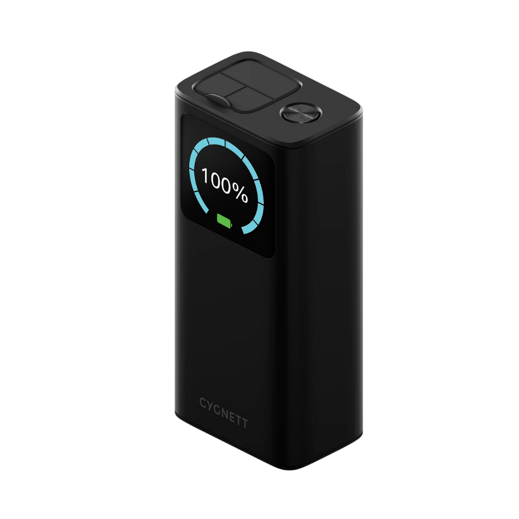 Black power bank with digital display on a white background
