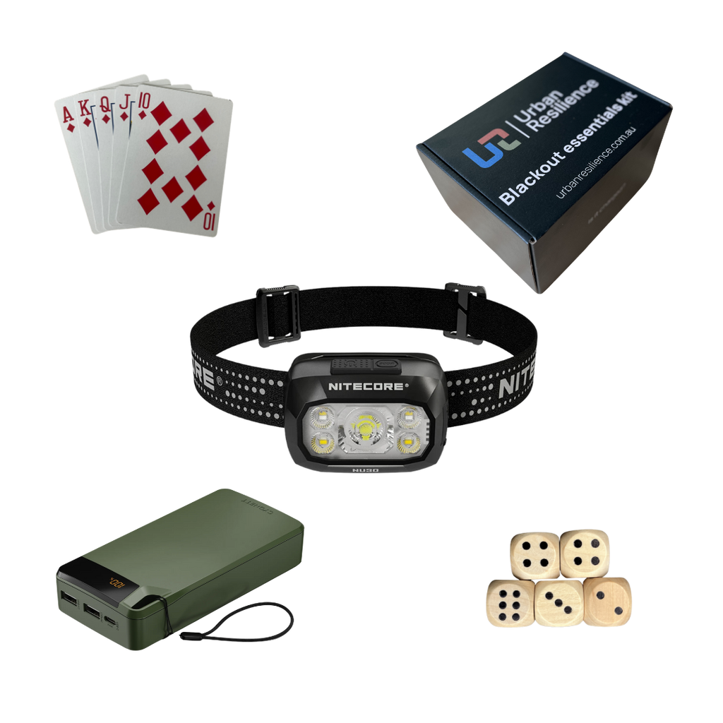 Nitecore headlight, power bank, playing cards, and dice on a white background