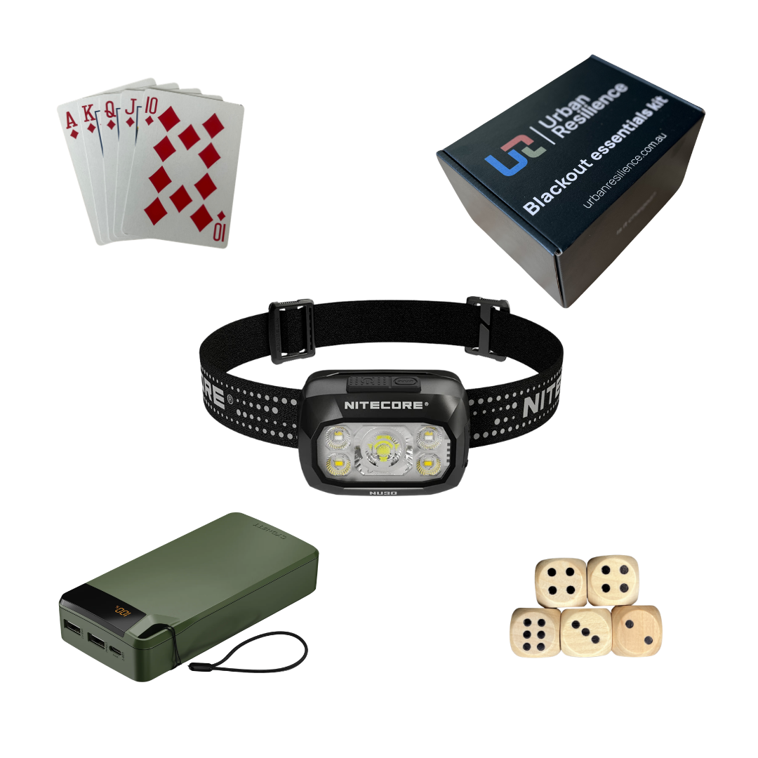 Nitecore headlight, power bank, playing cards, and dice on a white background