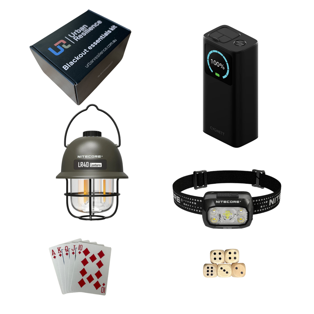 Collection of emergency supplies including a lantern, power bank, headlamp, playing cards, and dice on a white background.