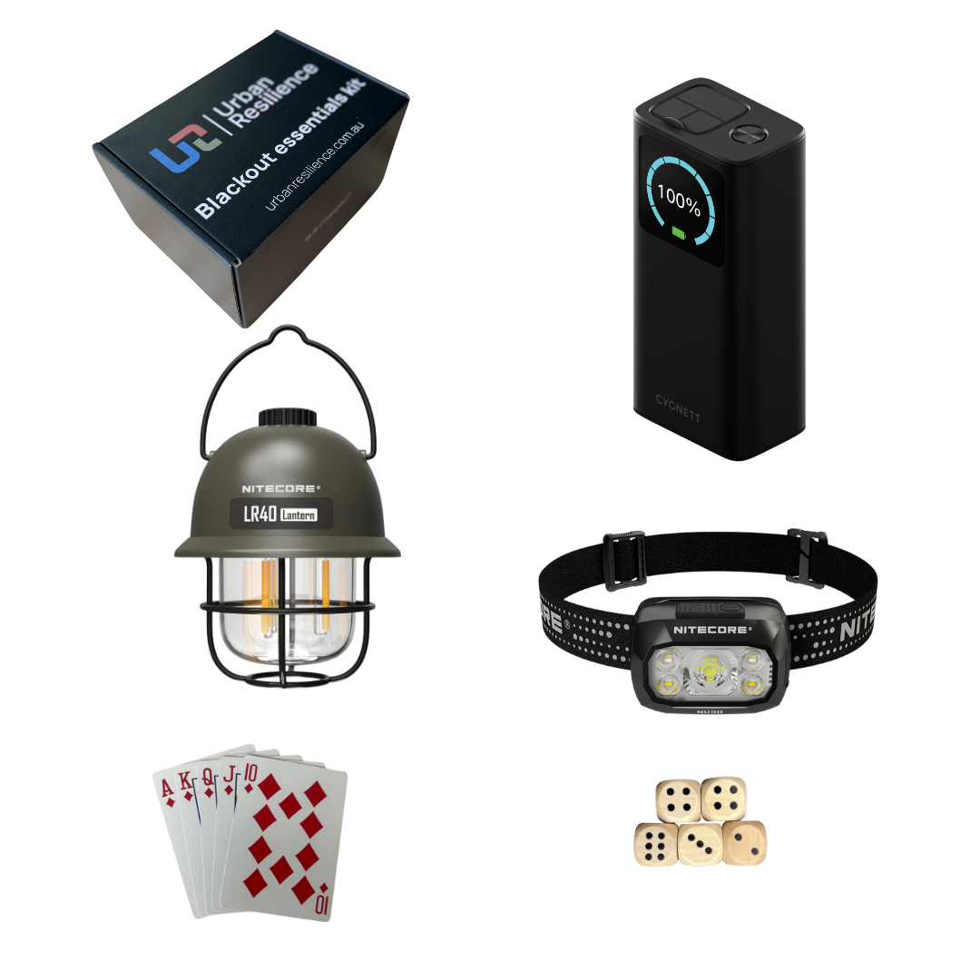 Collection of emergency supplies including a lantern, power bank, headlamp, playing cards, and dice on a white background.