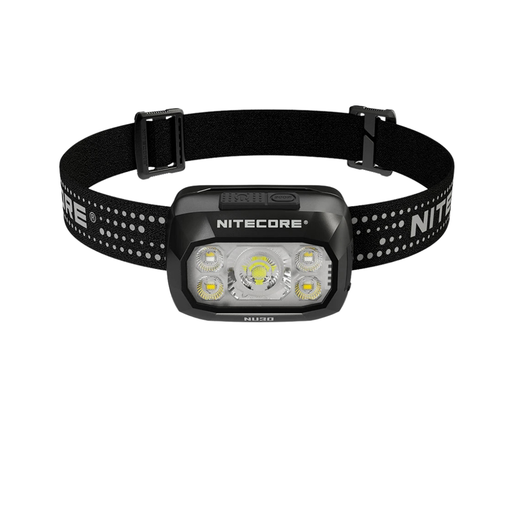 Nitecore headlamp with black strap on a white background