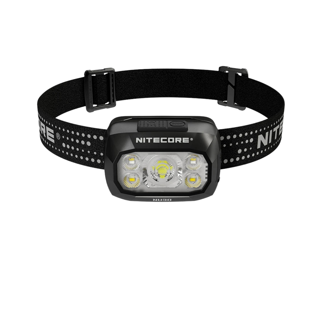 Nitecore headlamp with black strap on a white background