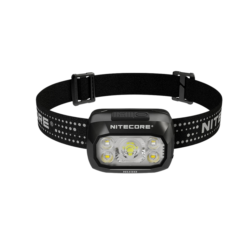 Nitecore headlamp with black strap on a white background
